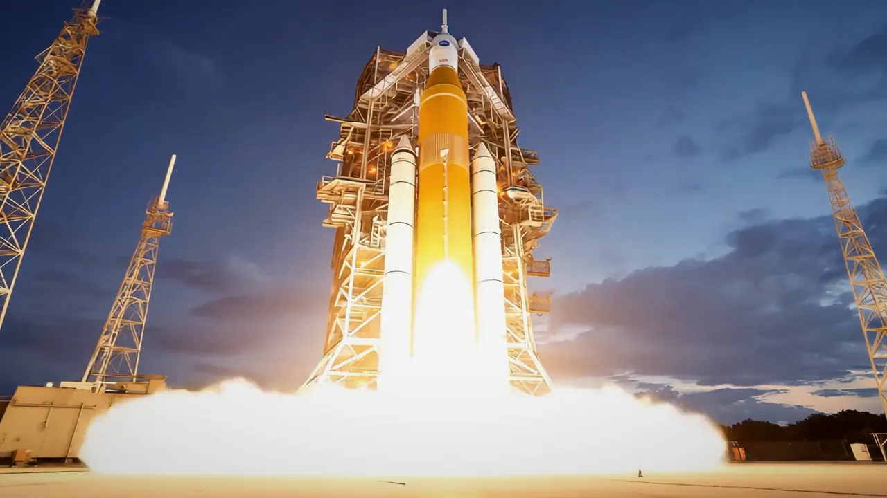 Still from America: a rocket on the launch pad at dusk