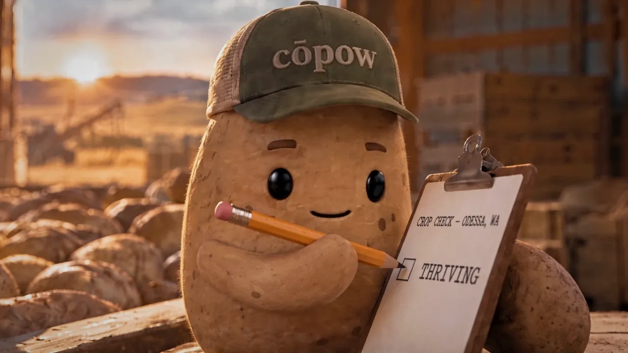 Still from Get Real: an animated potato character in a warehouse at golden hour