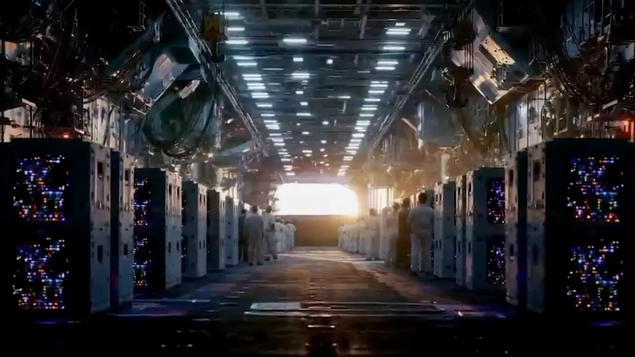 Still from the TECfusions film: a ship hangar lined with glowing server racks